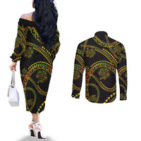 Hawaiian Kakau Art and Hisbiscus Tattoo Couples Matching Off The Shoulder Long Sleeve Dress and Long Sleeve Button Shirt Tribal Pattern-Reggae Style - Polynesian Pride
