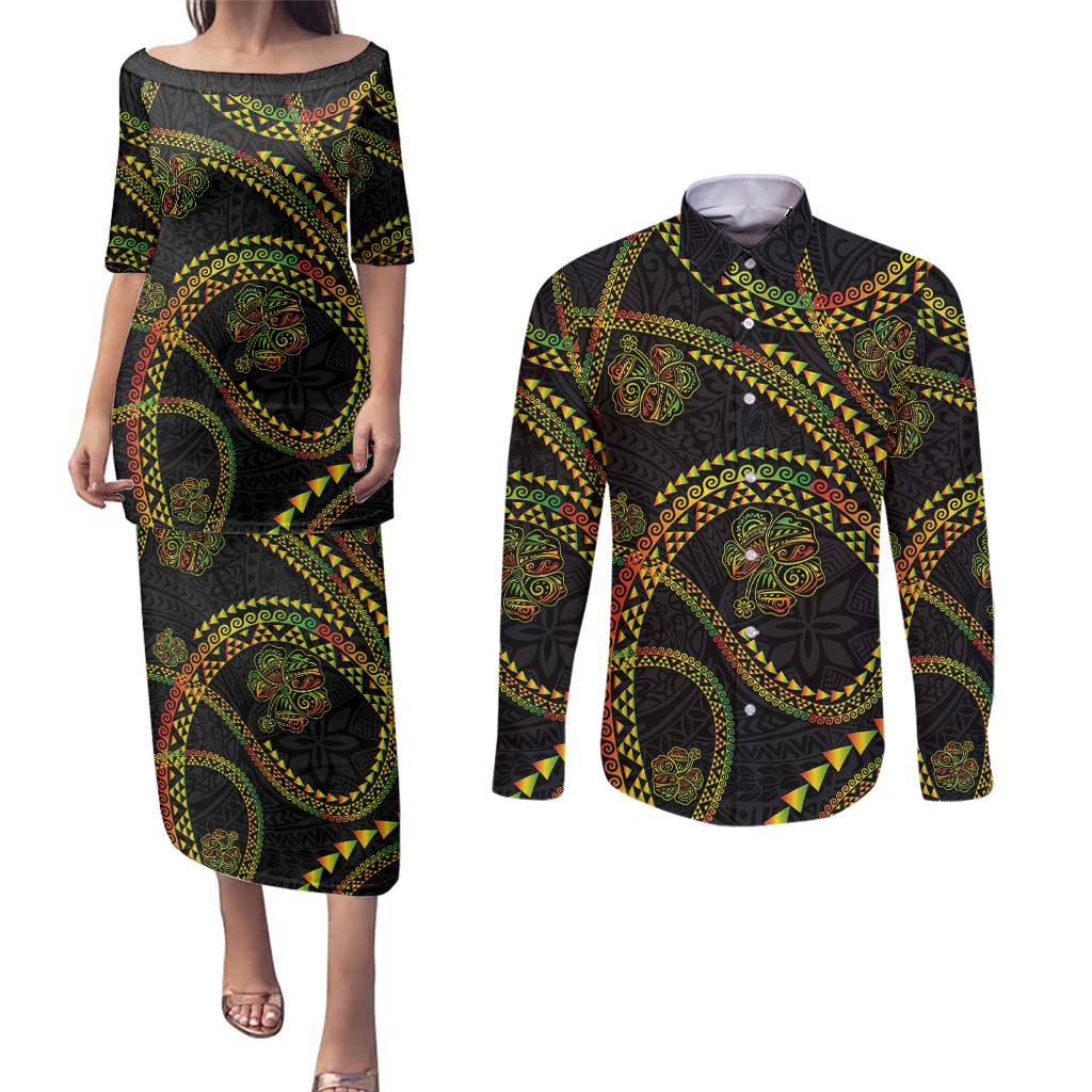 Hawaiian Kakau Art and Hisbiscus Tattoo Couples Matching Puletasi and Long Sleeve Button Shirt Tribal Pattern-Reggae Style - Polynesian Pride
