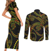 Hawaiian Kakau Art and Hisbiscus Tattoo Couples Matching Short Sleeve Bodycon Dress and Long Sleeve Button Shirt Tribal Pattern-Reggae Style - Polynesian Pride
