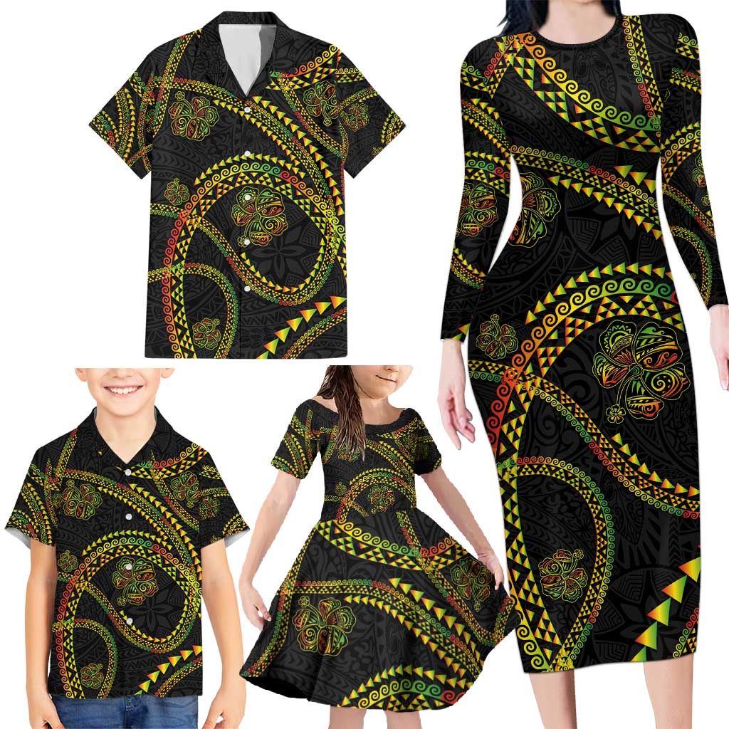 Hawaiian Kakau Art and Hisbiscus Tattoo Family Matching Long Sleeve Bodycon Dress and Hawaiian Shirt Tribal Pattern-Reggae Style - Polynesian Pride