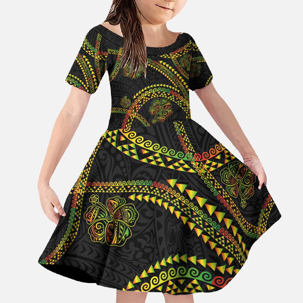 Hawaiian Kakau Art and Hisbiscus Tattoo Family Matching Off The Shoulder Long Sleeve Dress and Hawaiian Shirt Tribal Pattern-Reggae Style - Polynesian Pride