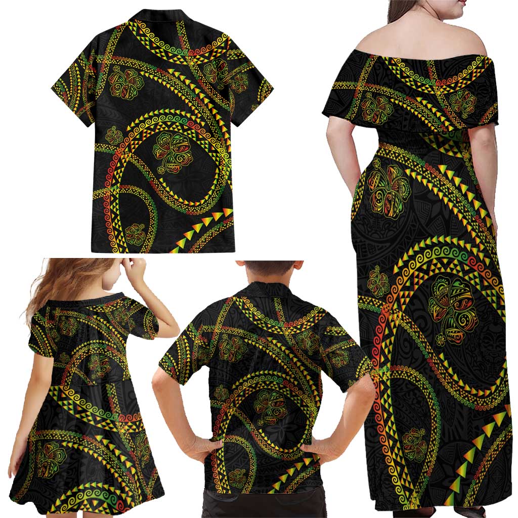Hawaiian Kakau Art and Hisbiscus Tattoo Family Matching Off Shoulder Maxi Dress and Hawaiian Shirt Tribal Pattern-Reggae Style - Polynesian Pride