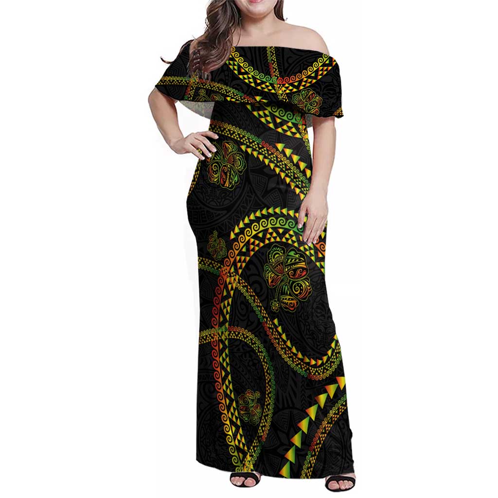 Hawaiian Kakau Art and Hisbiscus Tattoo Family Matching Off Shoulder Maxi Dress and Hawaiian Shirt Tribal Pattern-Reggae Style - Polynesian Pride