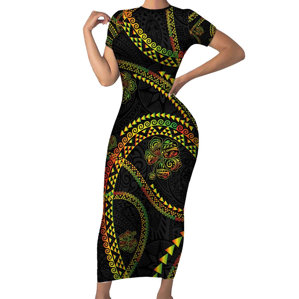Hawaiian Kakau Art and Hisbiscus Tattoo Family Matching Short Sleeve Bodycon Dress and Hawaiian Shirt Tribal Pattern-Reggae Style - Polynesian Pride