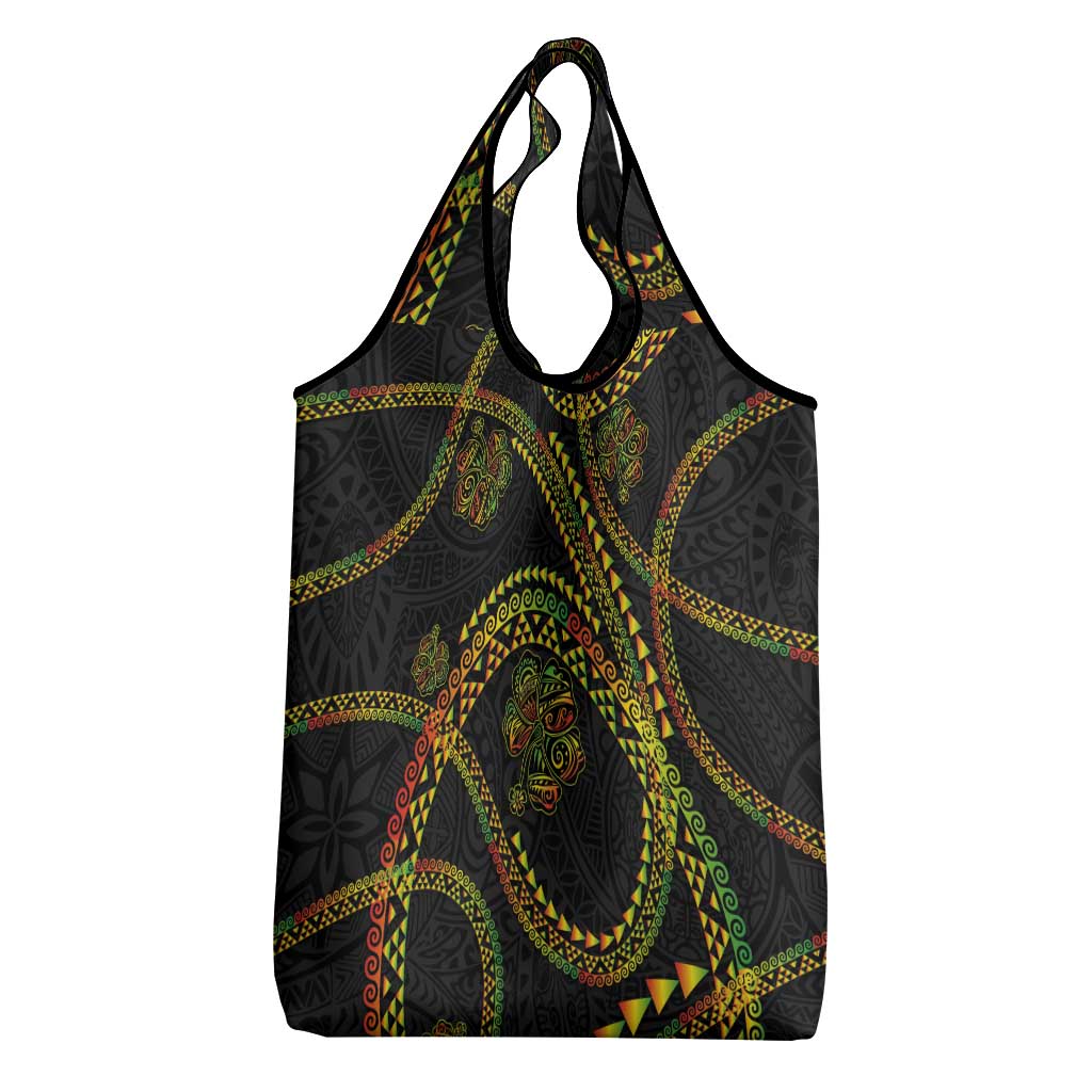 Hawaiian Kakau Art and Hisbiscus Tattoo Grocery Bag Tribal Pattern-Reggae Style - Polynesian Pride