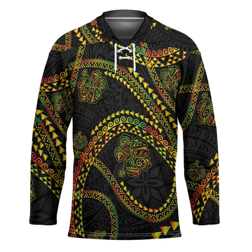 Hawaiian Kakau Art and Hisbiscus Tattoo Hockey Jersey Tribal Pattern-Reggae Style - Polynesian Pride