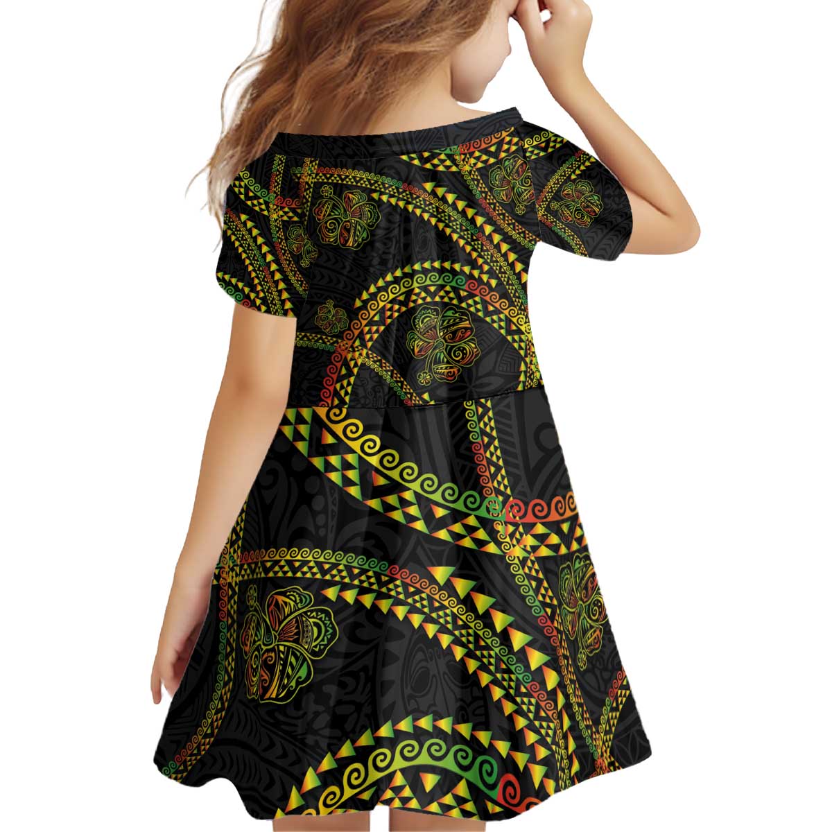 Hawaiian Kakau Art and Hisbiscus Tattoo Kid Short Sleeve Dress Tribal Pattern-Reggae Style - Polynesian Pride