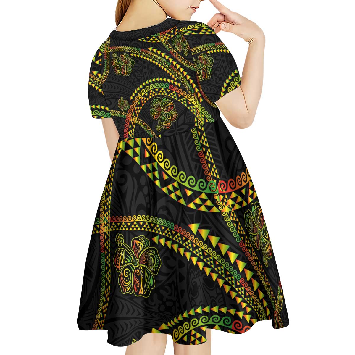 Hawaiian Kakau Art and Hisbiscus Tattoo Kid Short Sleeve Dress Tribal Pattern-Reggae Style - Polynesian Pride