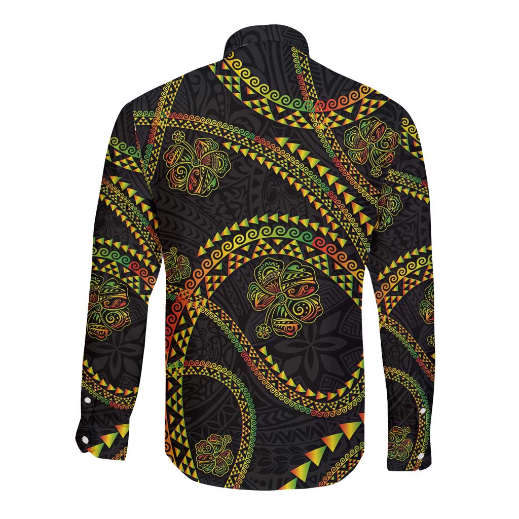 Hawaiian Kakau Art and Hisbiscus Tattoo Long Sleeve Button Shirt Tribal Pattern-Reggae Style - Polynesian Pride