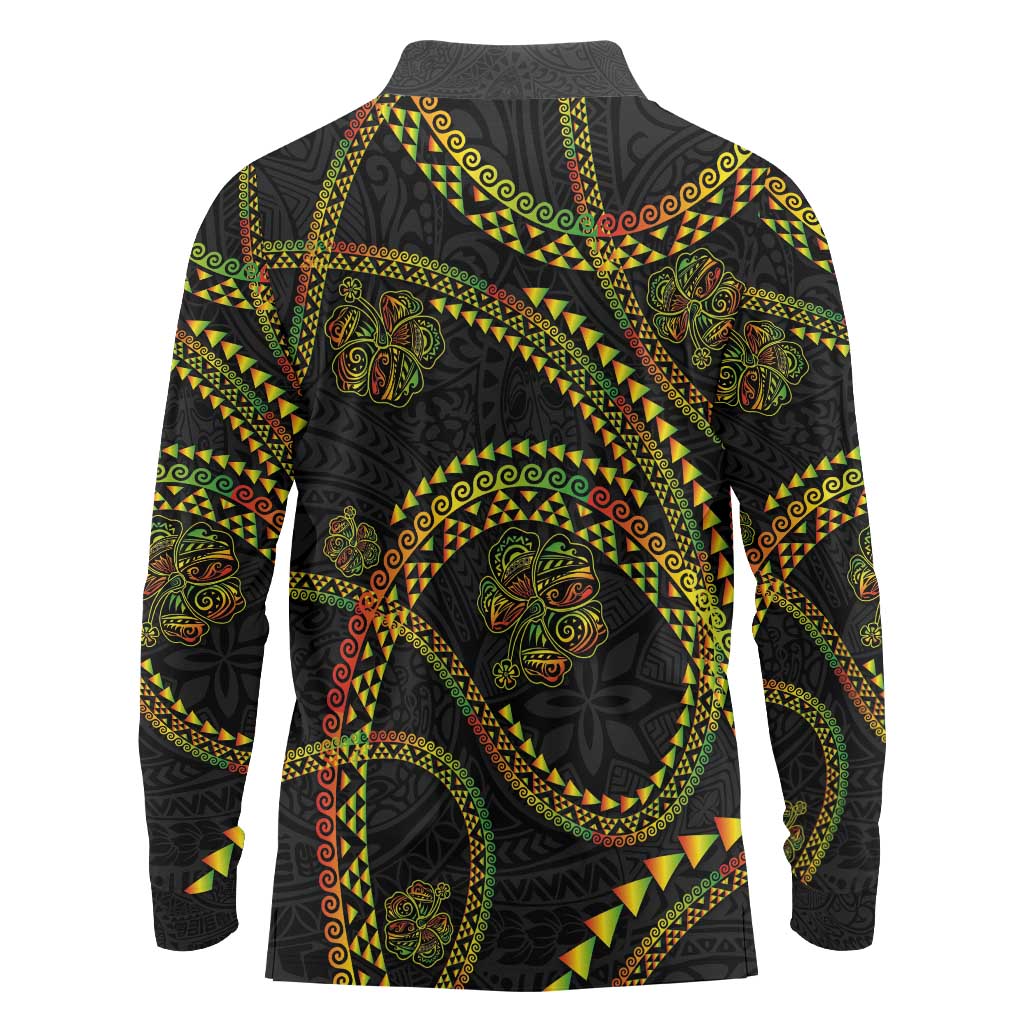 Hawaiian Kakau Art and Hisbiscus Tattoo Long Sleeve Polo Shirt Tribal Pattern-Reggae Style - Polynesian Pride