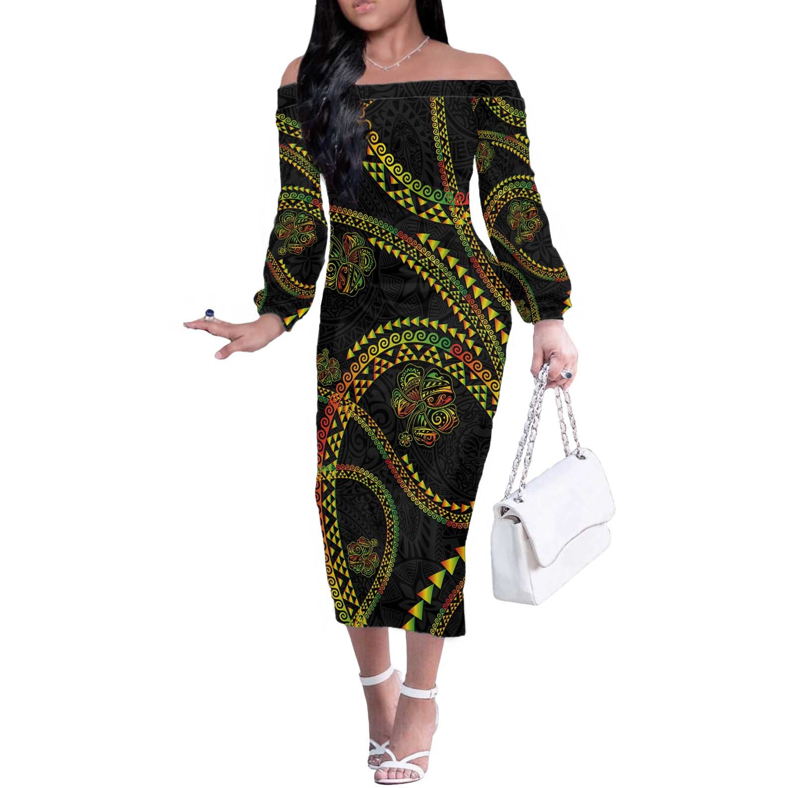 Hawaiian Kakau Art and Hisbiscus Tattoo Off The Shoulder Long Sleeve Dress Tribal Pattern-Reggae Style - Polynesian Pride