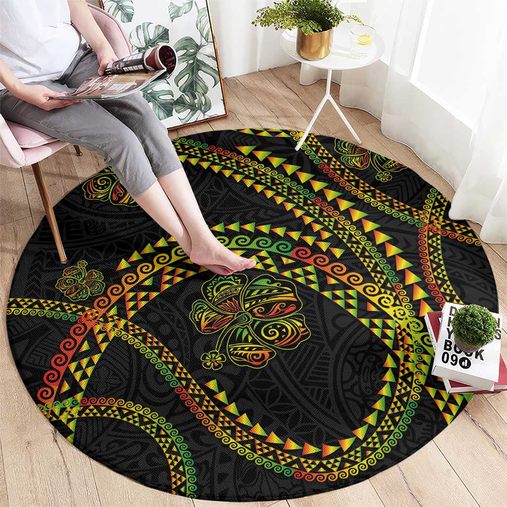 Hawaiian Kakau Art and Hisbiscus Tattoo Round Carpet Tribal Pattern-Reggae Style - Polynesian Pride