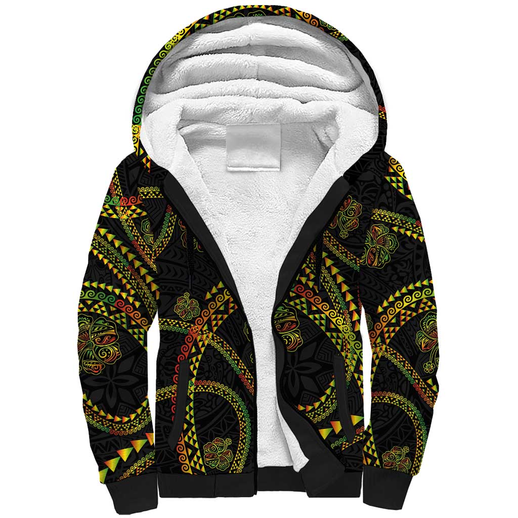 Hawaiian Kakau Art and Hisbiscus Tattoo Sherpa Hoodie Tribal Pattern-Reggae Style - Polynesian Pride