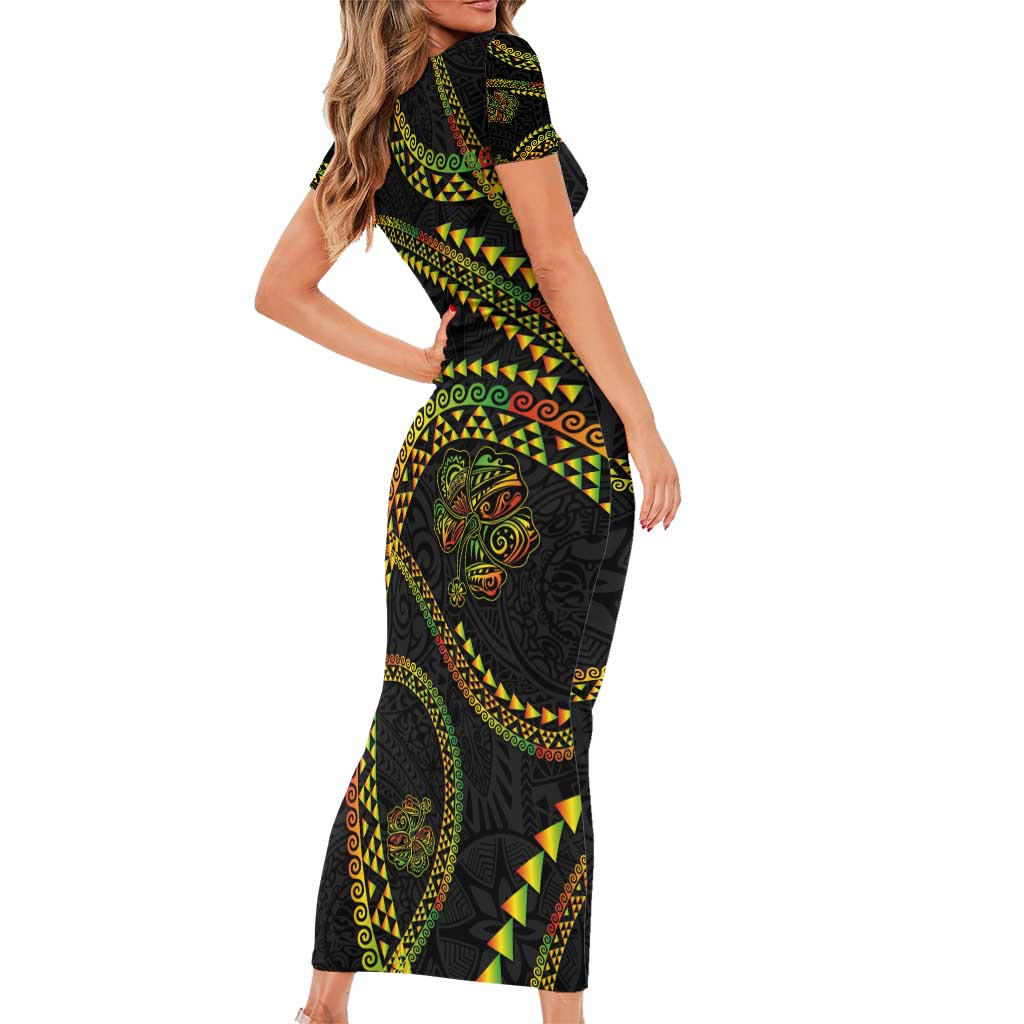 Hawaiian Kakau Art and Hisbiscus Tattoo Short Sleeve Bodycon Dress Tribal Pattern-Reggae Style - Polynesian Pride