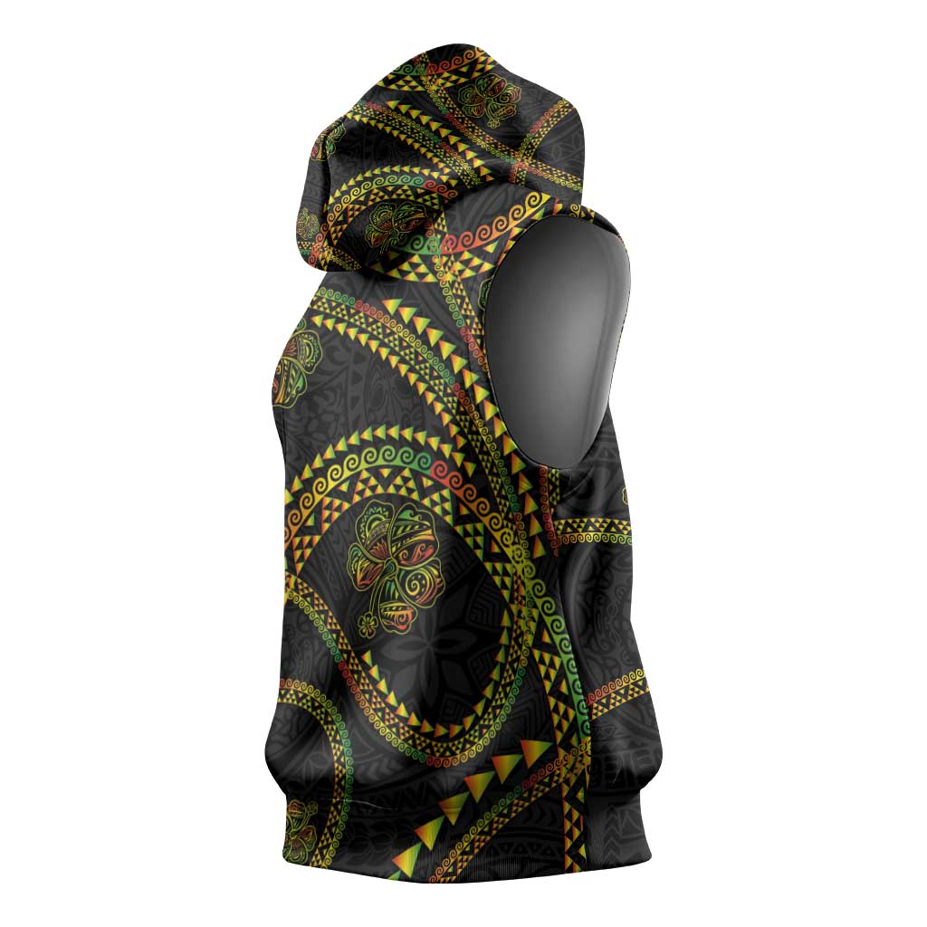 Hawaiian Kakau Art and Hisbiscus Tattoo Sleeveless Hoodie Tribal Pattern-Reggae Style - Polynesian Pride