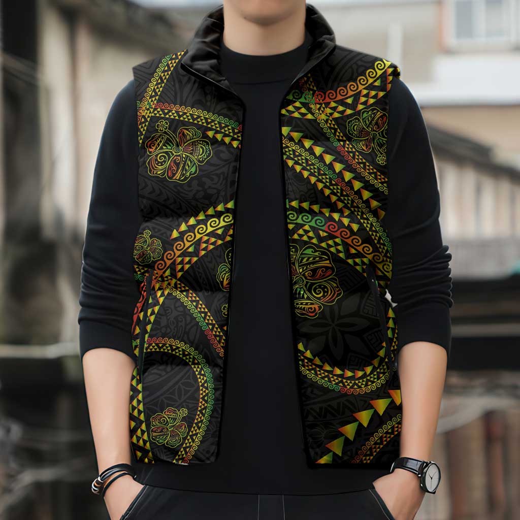 Hawaiian Kakau Art and Hisbiscus Tattoo Sleeveless Puffer Jacket Tribal Pattern-Reggae Style - Polynesian Pride