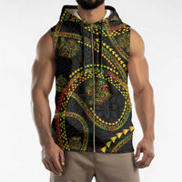 Hawaiian Kakau Art and Hisbiscus Tattoo Sleeveless Zip Hoodie Tribal Pattern-Reggae Style - Polynesian Pride