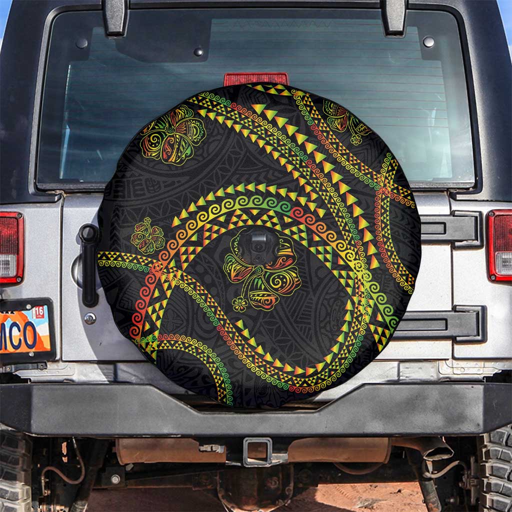 Hawaiian Kakau Art and Hisbiscus Tattoo Spare Tire Cover Tribal Pattern-Reggae Style - Polynesian Pride