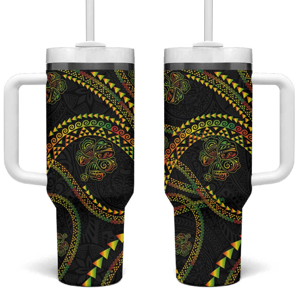 Hawaiian Kakau Art and Hisbiscus Tattoo Tumbler With Handle Tribal Pattern-Reggae Style - Polynesian Pride