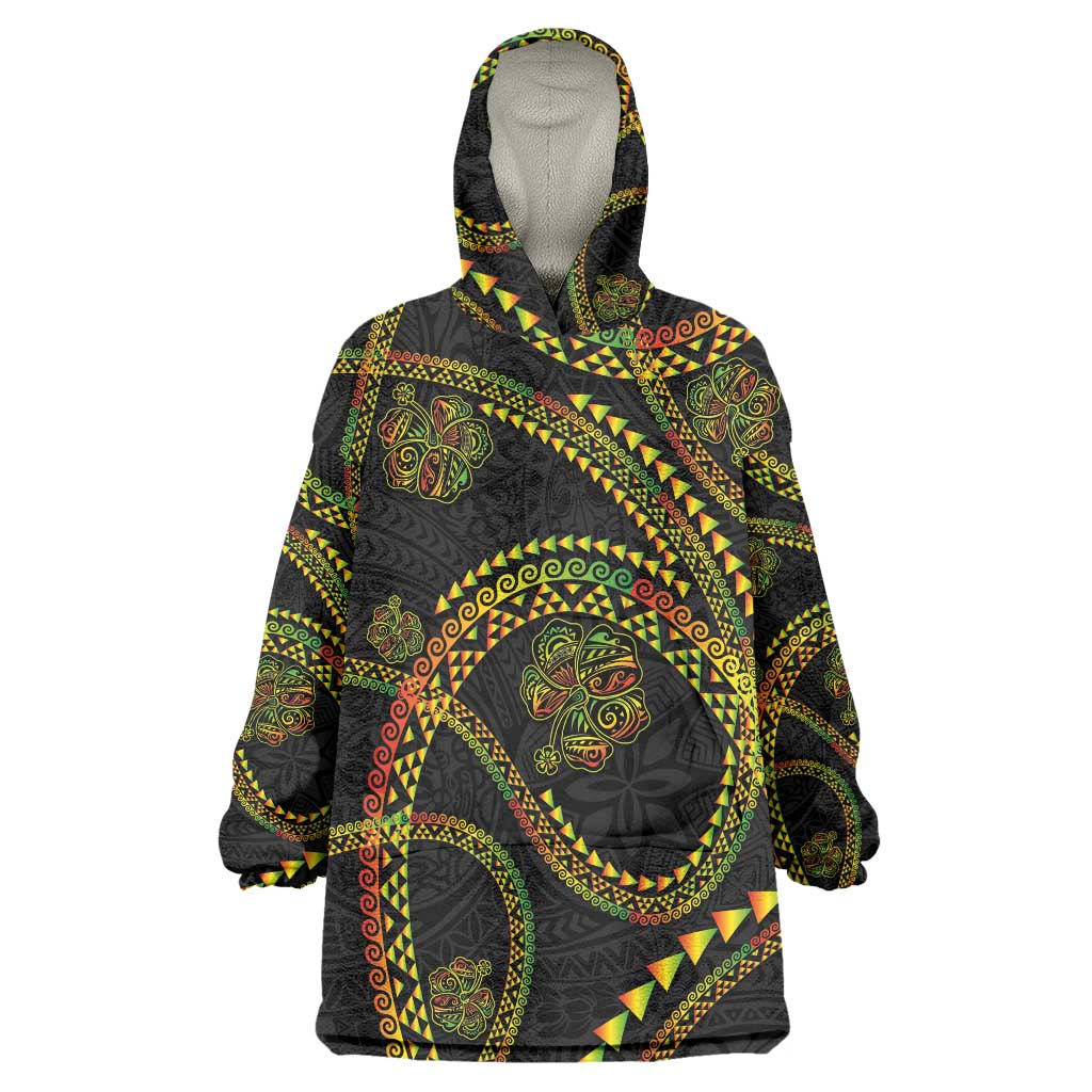 Hawaiian Kakau Art and Hisbiscus Tattoo Wearable Blanket Hoodie Tribal Pattern-Reggae Style - Polynesian Pride
