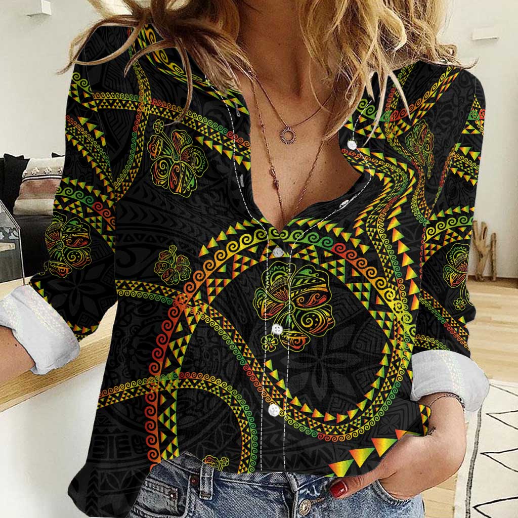 Hawaiian Kakau Art and Hisbiscus Tattoo Women Casual Shirt Tribal Pattern-Reggae Style - Polynesian Pride