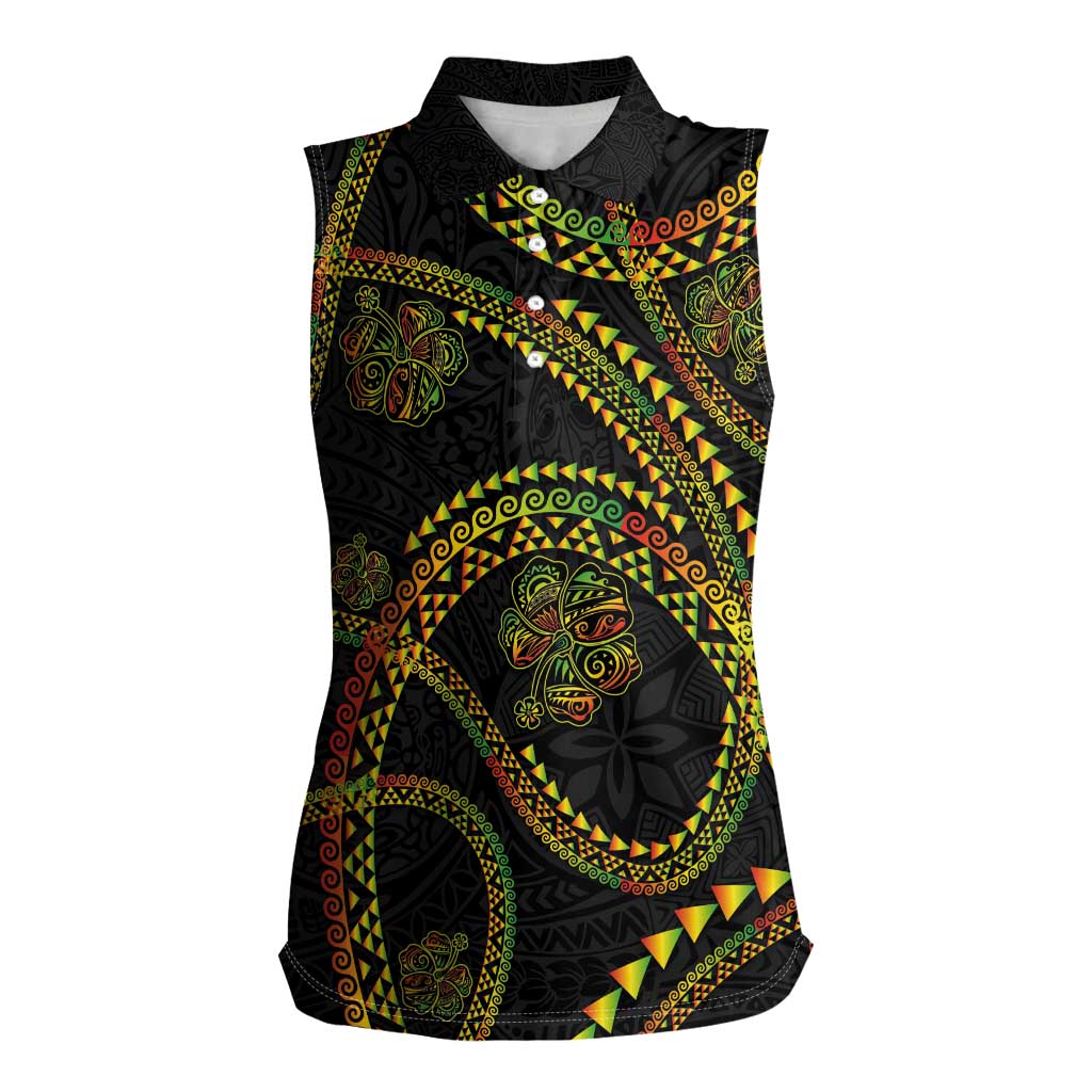 Hawaiian Kakau Art and Hisbiscus Tattoo Women Sleeveless Polo Shirt Tribal Pattern-Reggae Style - Polynesian Pride