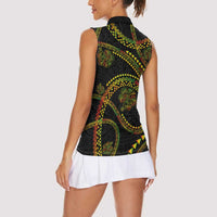 Hawaiian Kakau Art and Hisbiscus Tattoo Women Sleeveless Polo Shirt Tribal Pattern-Reggae Style - Polynesian Pride