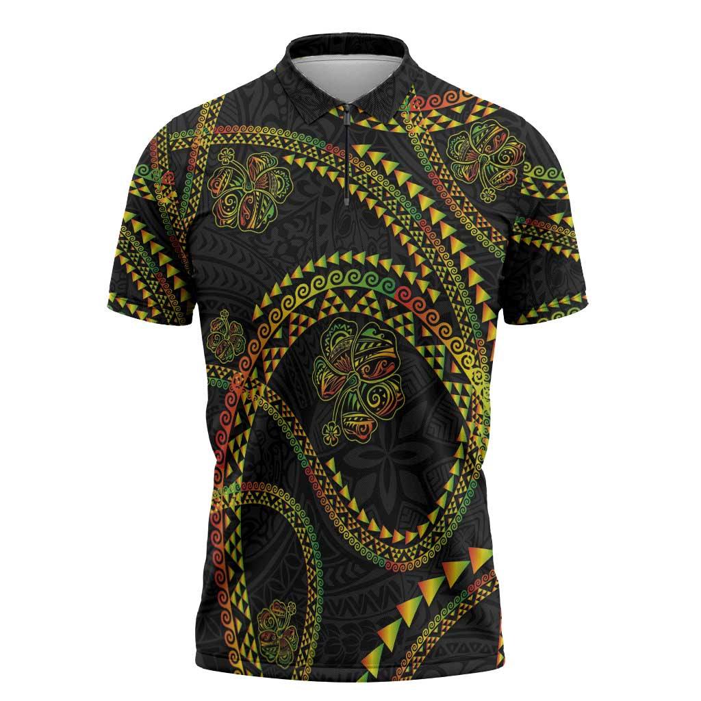Hawaiian Kakau Art and Hisbiscus Tattoo Zipper Polo Shirt Tribal Pattern-Reggae Style - Polynesian Pride