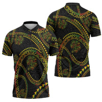 Hawaiian Kakau Art and Hisbiscus Tattoo Zipper Polo Shirt Tribal Pattern-Reggae Style - Polynesian Pride