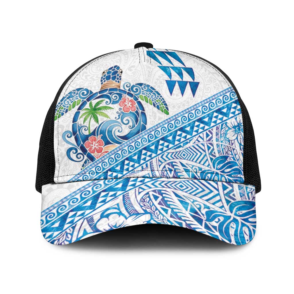 Hawaiian Abstract Sea Turtle Baseball Net Cap Polynesian Tapa Art and Kakau Tattoo White WaterColor - Polynesian Pride