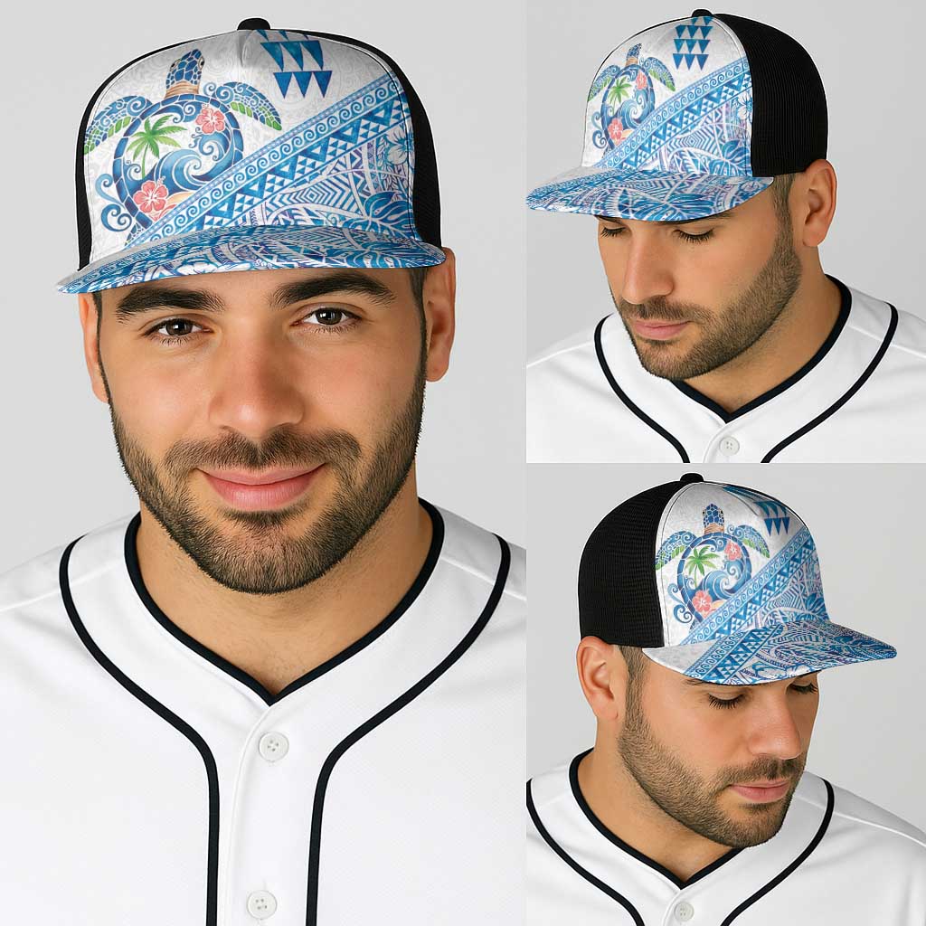 Hawaiian Abstract Sea Turtle Baseball Net Cap Polynesian Tapa Art and Kakau Tattoo White WaterColor - Polynesian Pride
