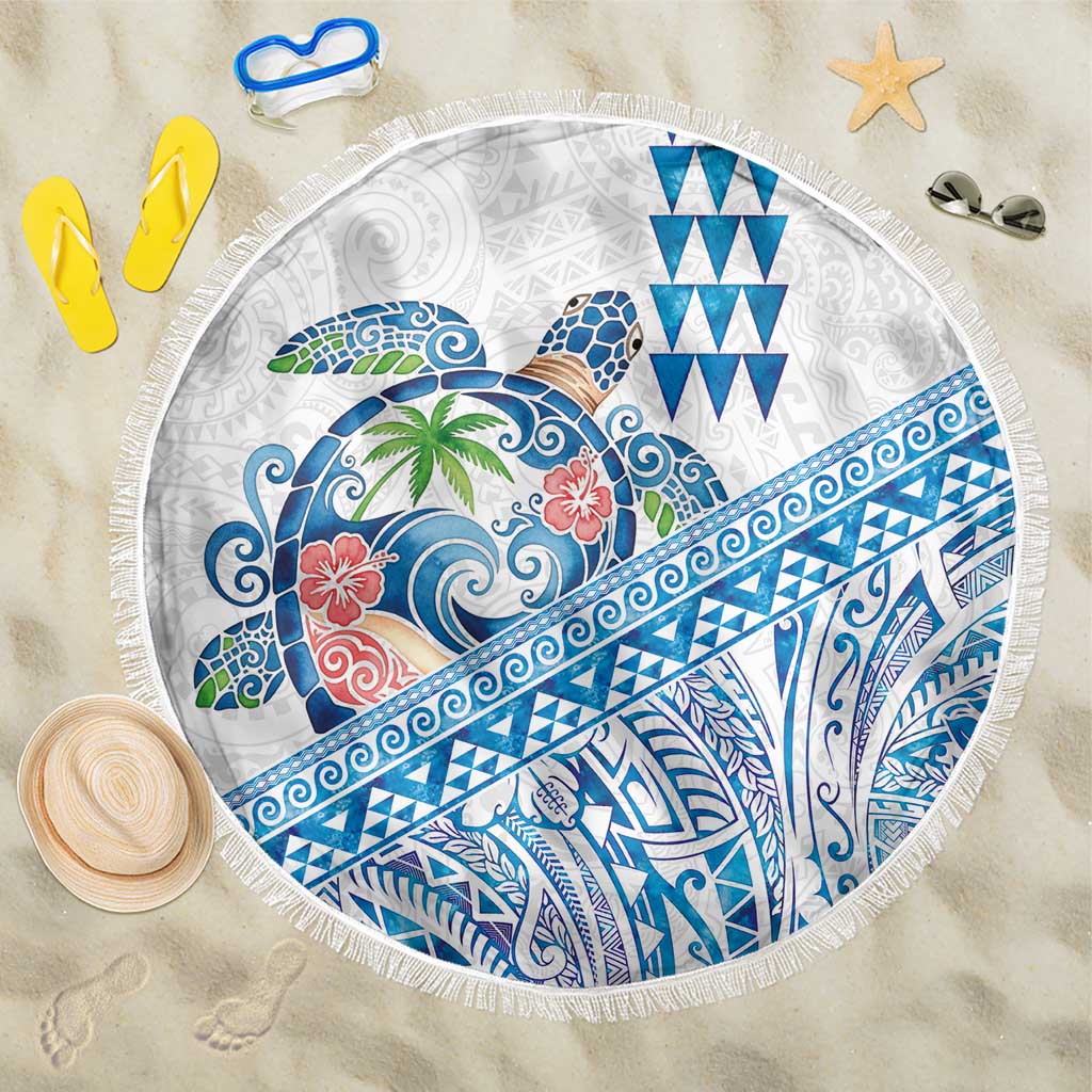 Hawaiian Abstract Sea Turtle Beach Blanket Polynesian Tapa Art and Kakau Tattoo White WaterColor - Polynesian Pride