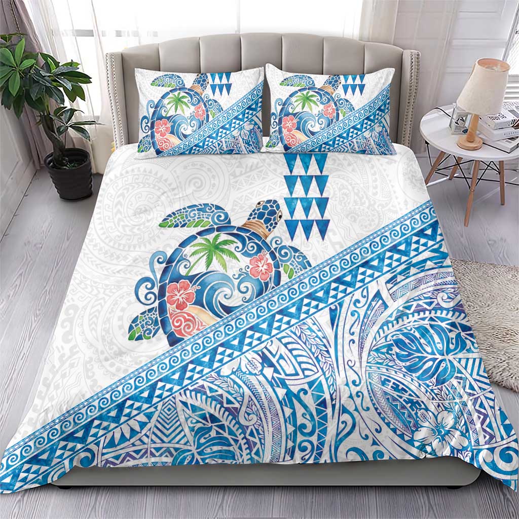 Hawaiian Abstract Sea Turtle Bedding Set Polynesian Tapa Art and Kakau Tattoo White WaterColor - Polynesian Pride