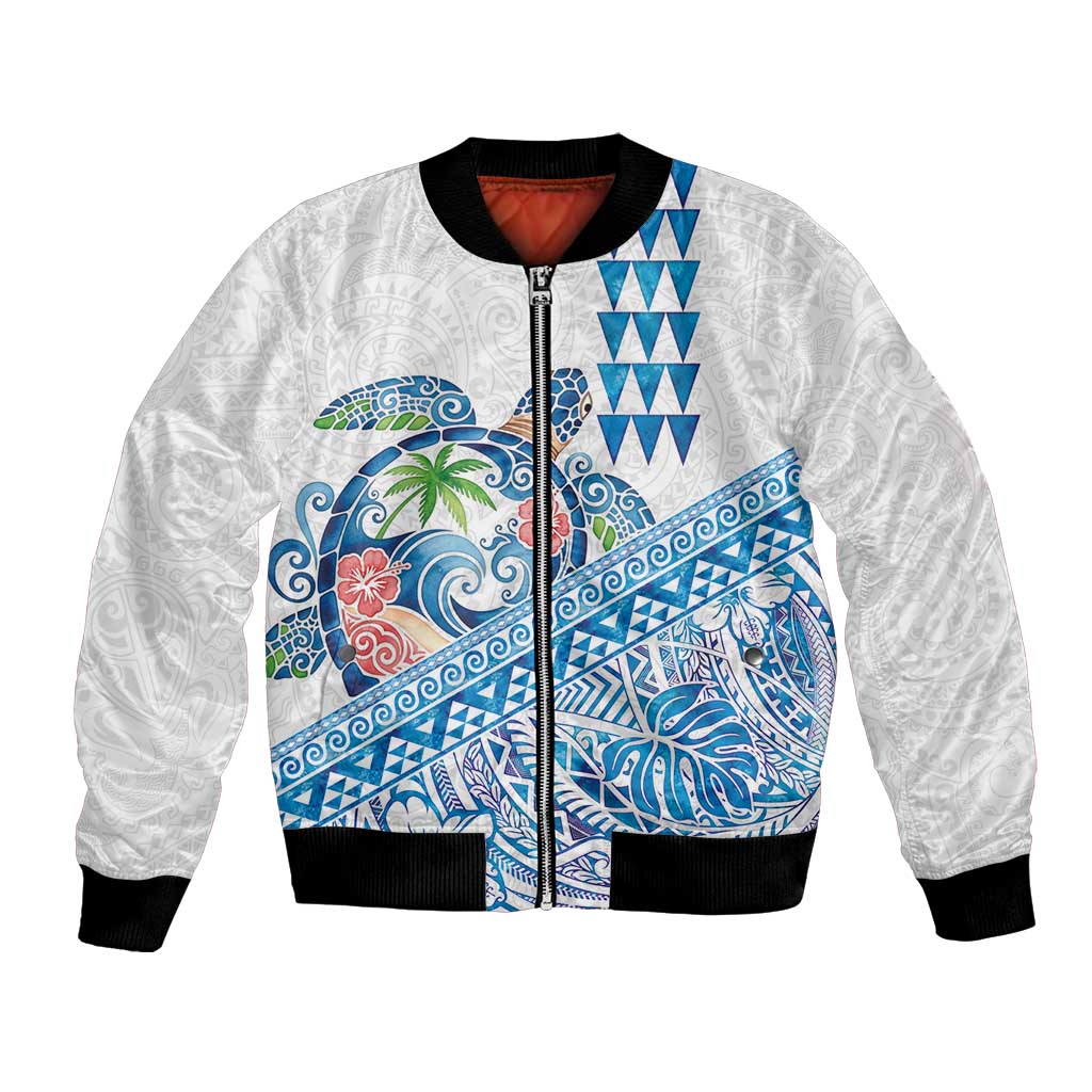 Hawaiian Abstract Sea Turtle Bomber Jacket Polynesian Tapa Art and Kakau Tattoo White WaterColor - Polynesian Pride