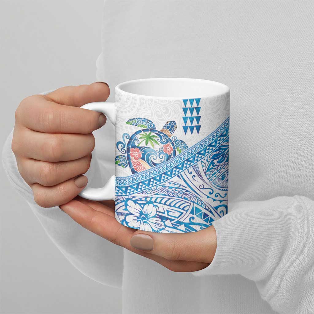 Hawaiian Abstract Sea Turtle Ceramic Mug Polynesian Tapa Art and Kakau Tattoo White WaterColor - Polynesian Pride