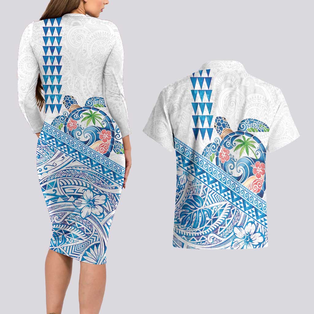 Hawaiian Abstract Sea Turtle Couples Matching Long Sleeve Bodycon Dress and Hawaiian Shirt Polynesian Tapa Art and Kakau Tattoo White WaterColor - Polynesian Pride