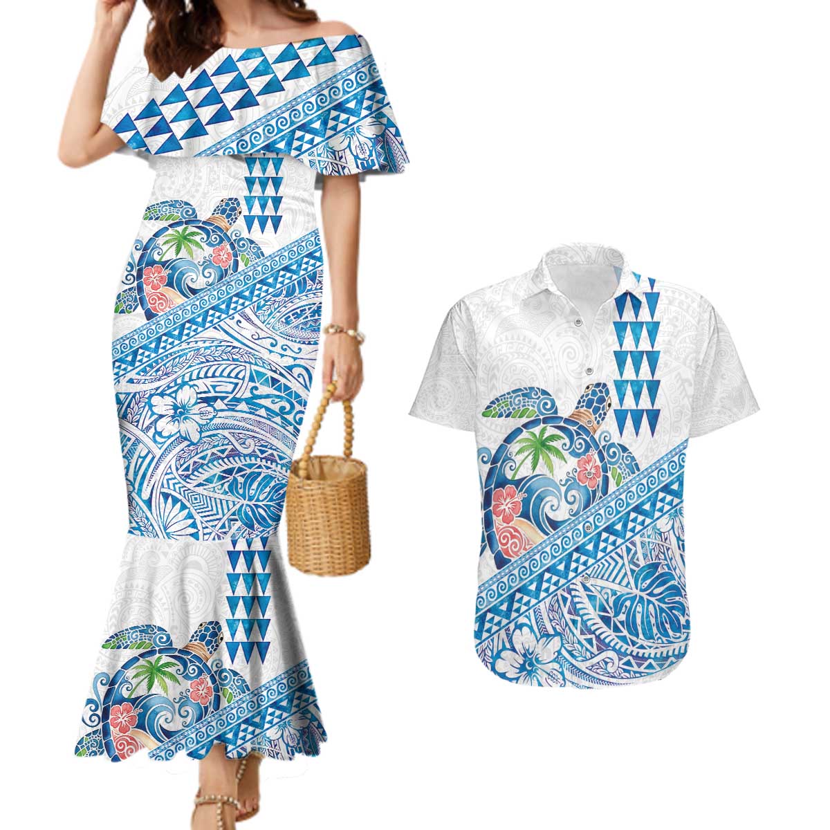 Hawaiian Abstract Sea Turtle Couples Matching Mermaid Dress and Hawaiian Shirt Polynesian Tapa Art and Kakau Tattoo White WaterColor - Polynesian Pride