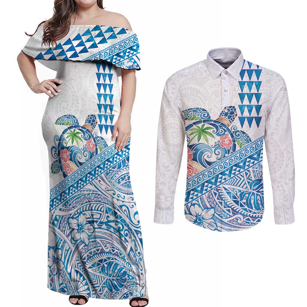Hawaiian Abstract Sea Turtle Couples Matching Off Shoulder Maxi Dress and Long Sleeve Button Shirt Polynesian Tapa Art and Kakau Tattoo White WaterColor - Polynesian Pride