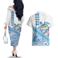Hawaiian Abstract Sea Turtle Couples Matching Off The Shoulder Long Sleeve Dress and Hawaiian Shirt Polynesian Tapa Art and Kakau Tattoo White WaterColor - Polynesian Pride