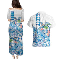 Hawaiian Abstract Sea Turtle Couples Matching Puletasi and Hawaiian Shirt Polynesian Tapa Art and Kakau Tattoo White WaterColor - Polynesian Pride