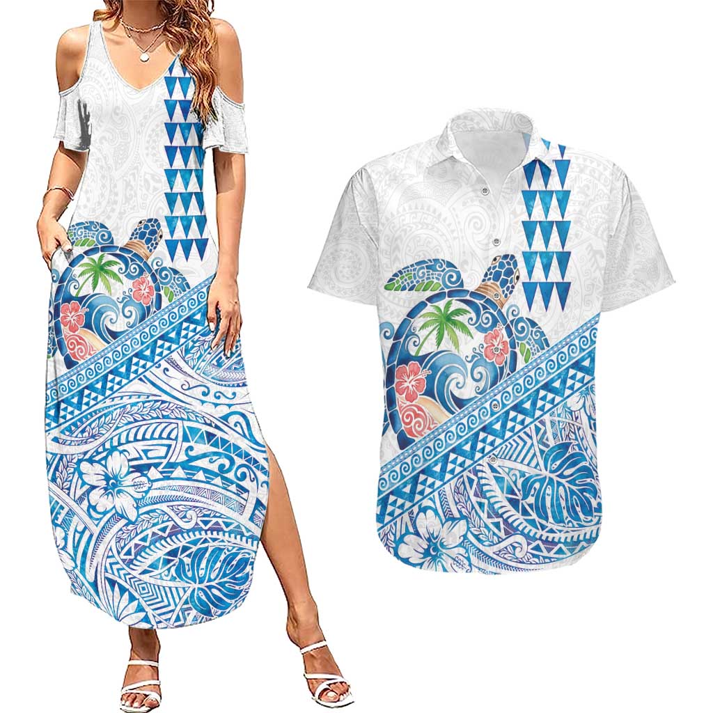 Hawaiian Abstract Sea Turtle Couples Matching Summer Maxi Dress and Hawaiian Shirt Polynesian Tapa Art and Kakau Tattoo White WaterColor - Polynesian Pride
