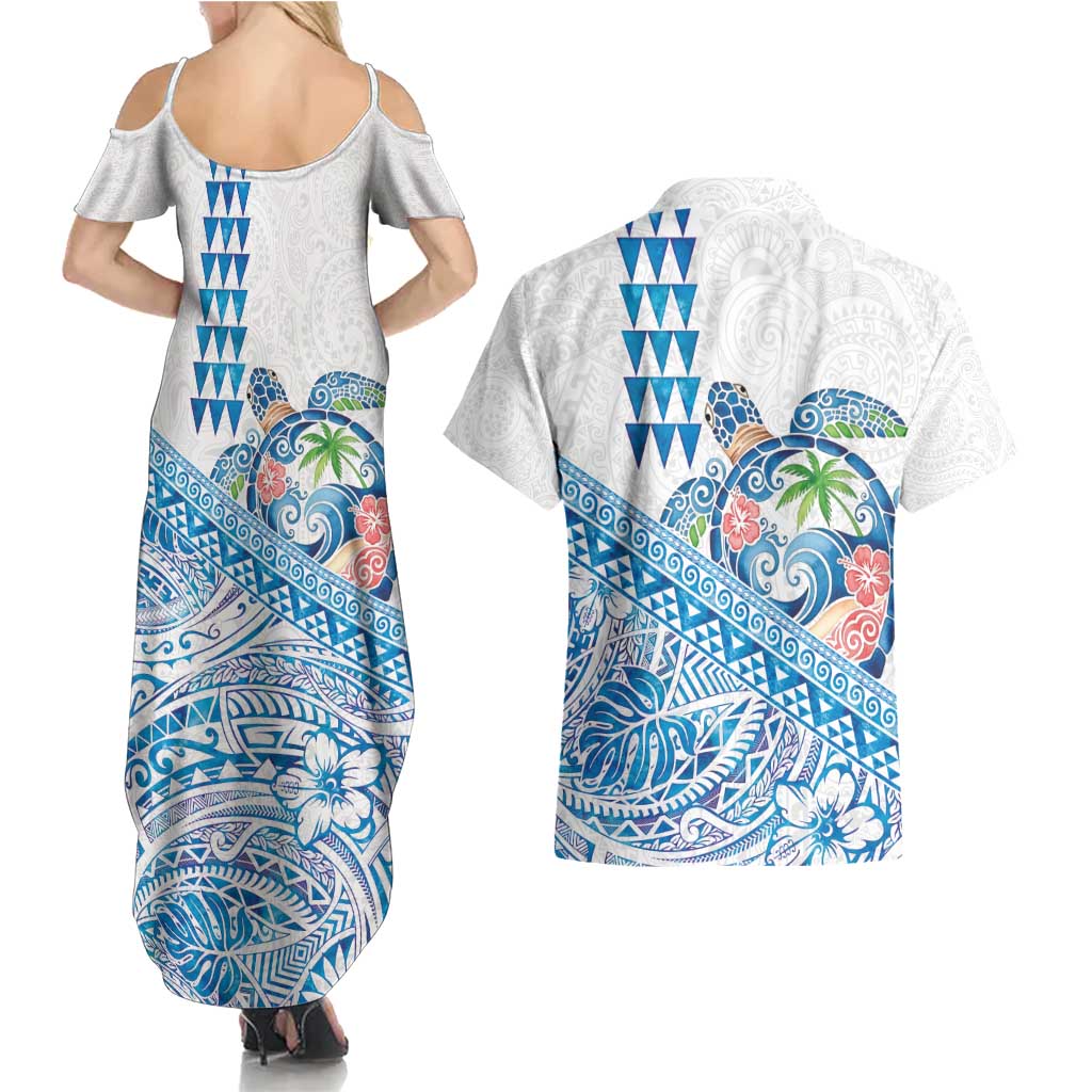 Hawaiian Abstract Sea Turtle Couples Matching Summer Maxi Dress and Hawaiian Shirt Polynesian Tapa Art and Kakau Tattoo White WaterColor - Polynesian Pride