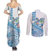 Hawaiian Abstract Sea Turtle Couples Matching Summer Maxi Dress and Long Sleeve Button Shirt Polynesian Tapa Art and Kakau Tattoo White WaterColor - Polynesian Pride