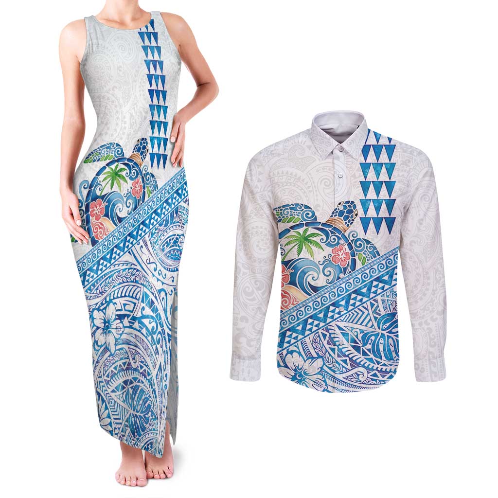 Hawaiian Abstract Sea Turtle Couples Matching Tank Maxi Dress and Long Sleeve Button Shirt Polynesian Tapa Art and Kakau Tattoo White WaterColor - Polynesian Pride