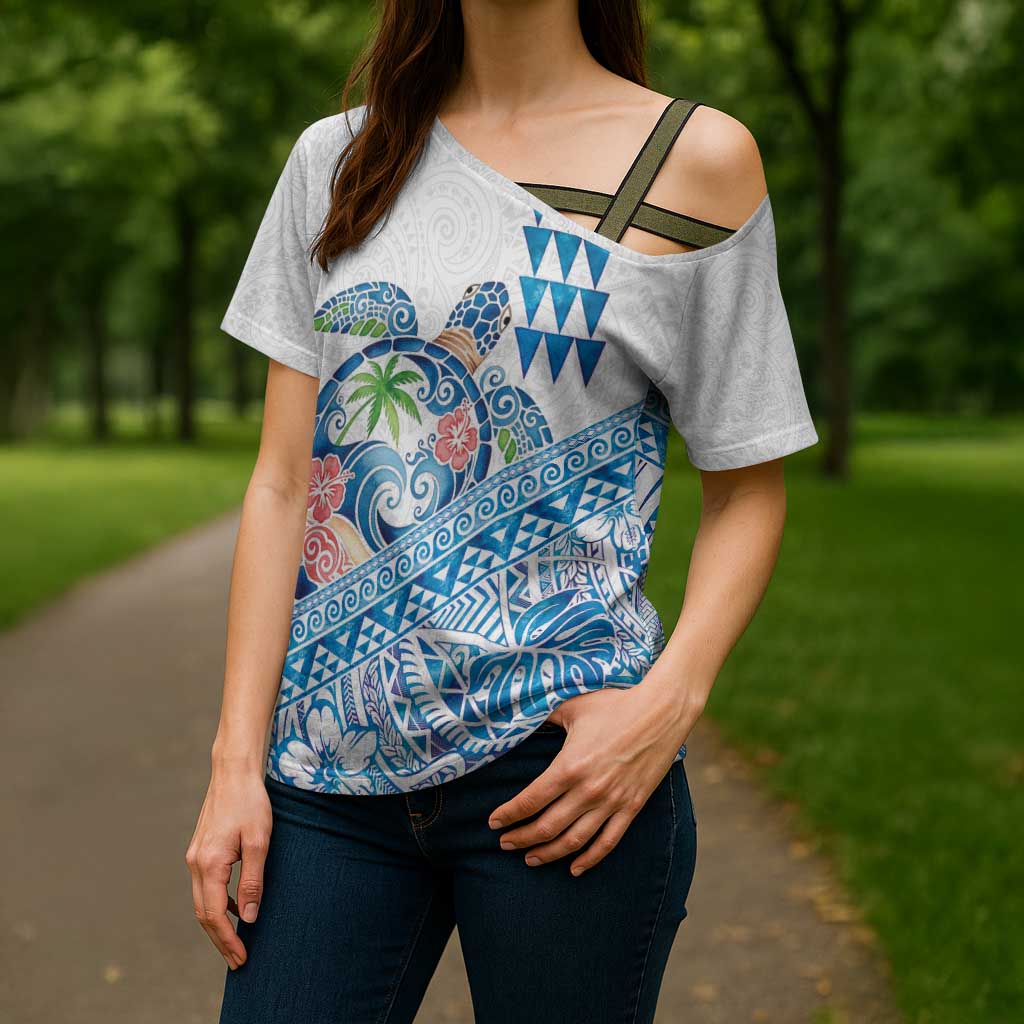 Hawaiian Abstract Sea Turtle Cross Shoulder Shirt Polynesian Tapa Art and Kakau Tattoo White WaterColor - Polynesian Pride