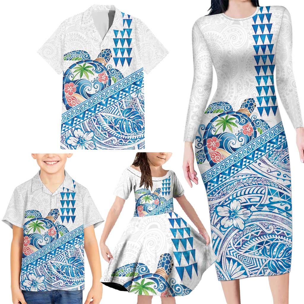 Hawaiian Abstract Sea Turtle Family Matching Long Sleeve Bodycon Dress and Hawaiian Shirt Polynesian Tapa Art and Kakau Tattoo White WaterColor - Polynesian Pride
