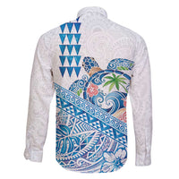 Hawaiian Abstract Sea Turtle Family Matching Long Sleeve Bodycon Dress and Hawaiian Shirt Polynesian Tapa Art and Kakau Tattoo White WaterColor - Polynesian Pride