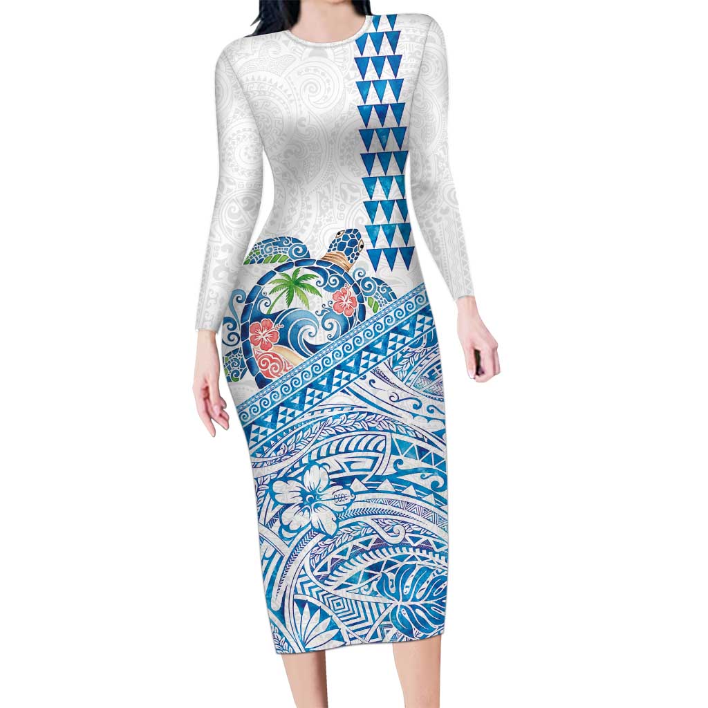 Hawaiian Abstract Sea Turtle Family Matching Long Sleeve Bodycon Dress and Hawaiian Shirt Polynesian Tapa Art and Kakau Tattoo White WaterColor - Polynesian Pride