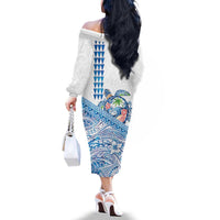Hawaiian Abstract Sea Turtle Family Matching Off The Shoulder Long Sleeve Dress and Hawaiian Shirt Polynesian Tapa Art and Kakau Tattoo White WaterColor - Polynesian Pride