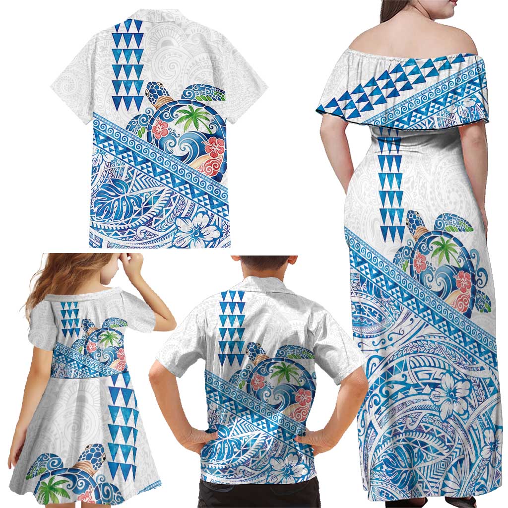 Hawaiian Abstract Sea Turtle Family Matching Off Shoulder Maxi Dress and Hawaiian Shirt Polynesian Tapa Art and Kakau Tattoo White WaterColor - Polynesian Pride